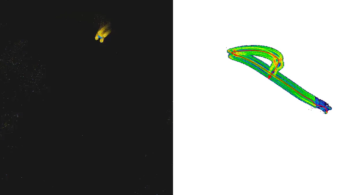 Event-camera drone recording beside its reconstructed tracked trajectory